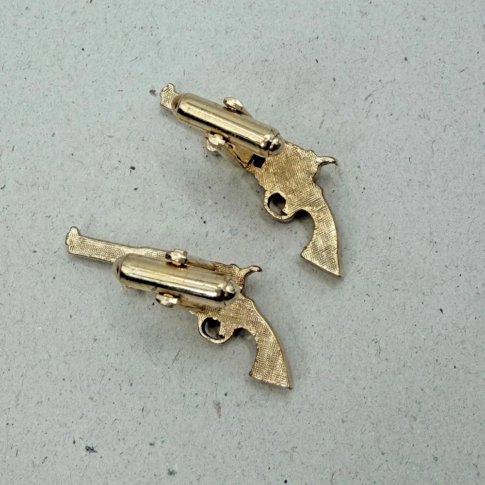 Vintage Revolver Gun Cufflinks Gold Tone Mother of Pearl Accent Cowboy Western
